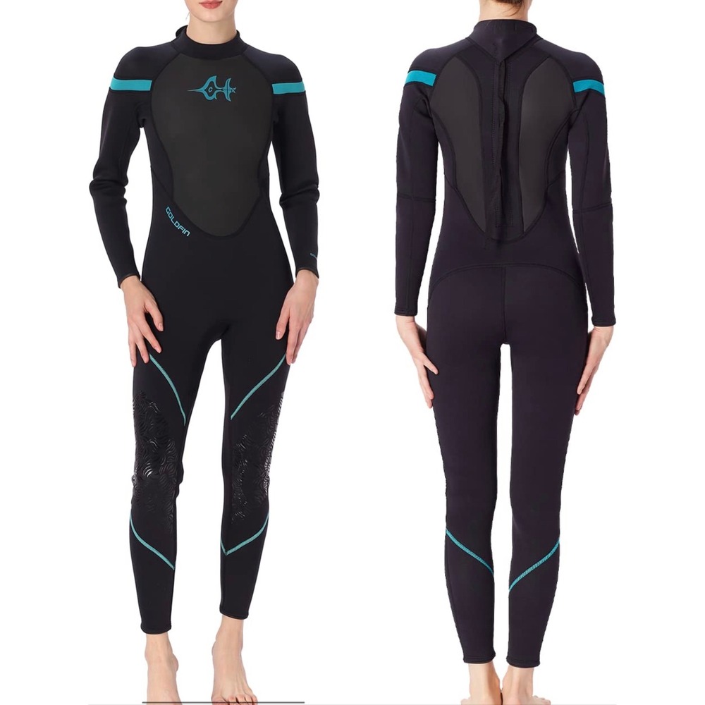 GoldFin Wetsuit Womens XS Black 3mm Neoprene Full Body Back Zip Excellent Teal
